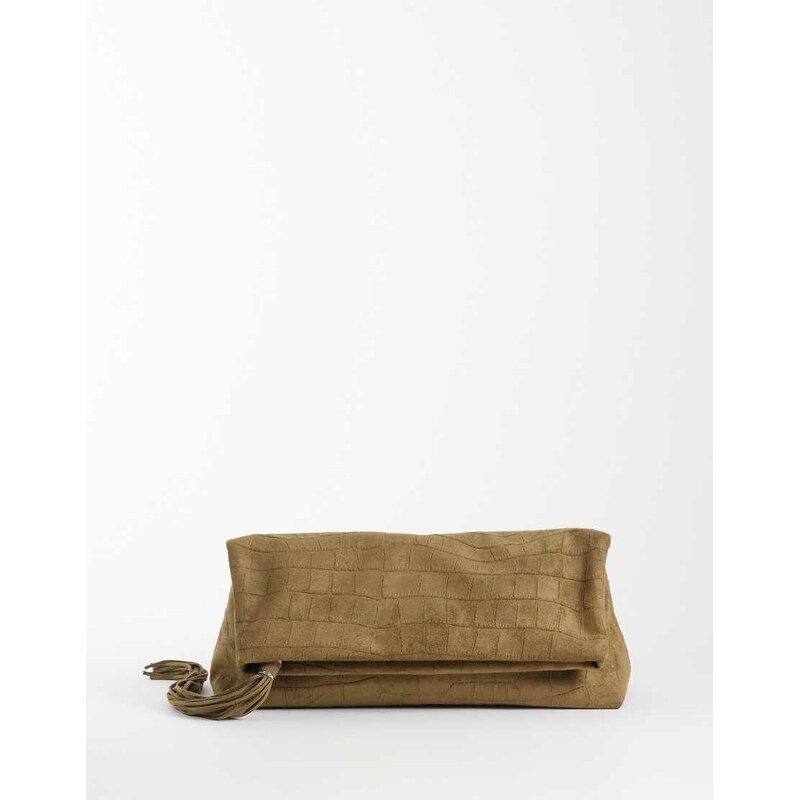 ASOS DESIGN faux suede croc flap clutch bag in khaki-Green
