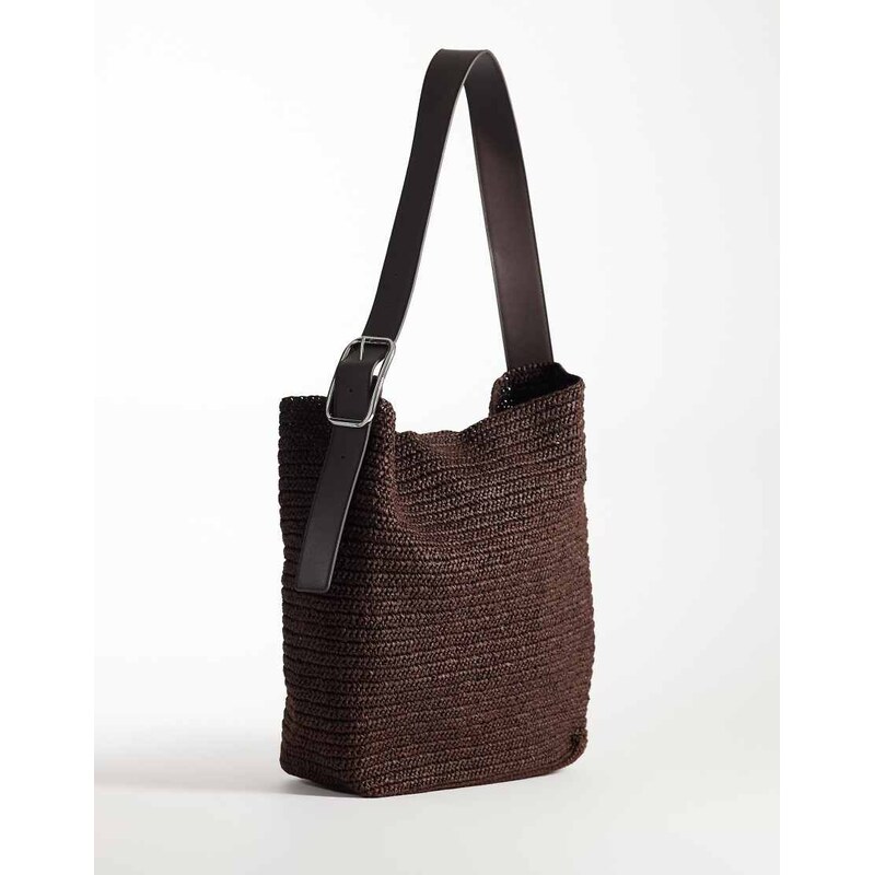 Mango buckle detail woven rectangle shoulder bag in chocolate