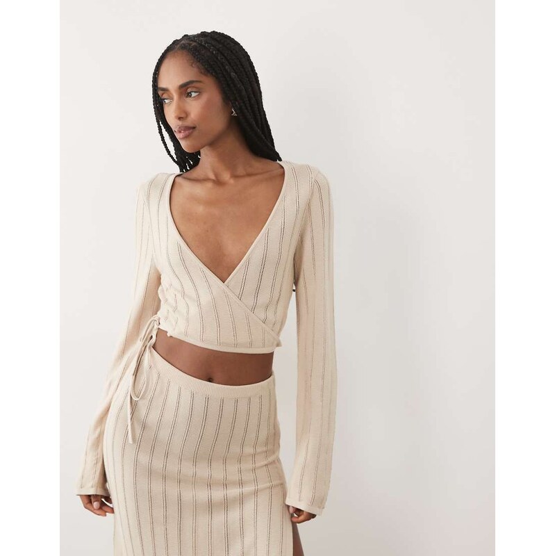 Miss Selfridge knitted long sleeve wrap top co-ord-Neutral