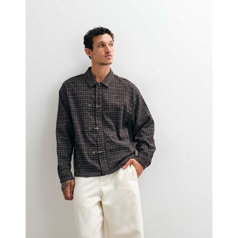 Liquor N Poker fireman buckle flannel shirt in brown