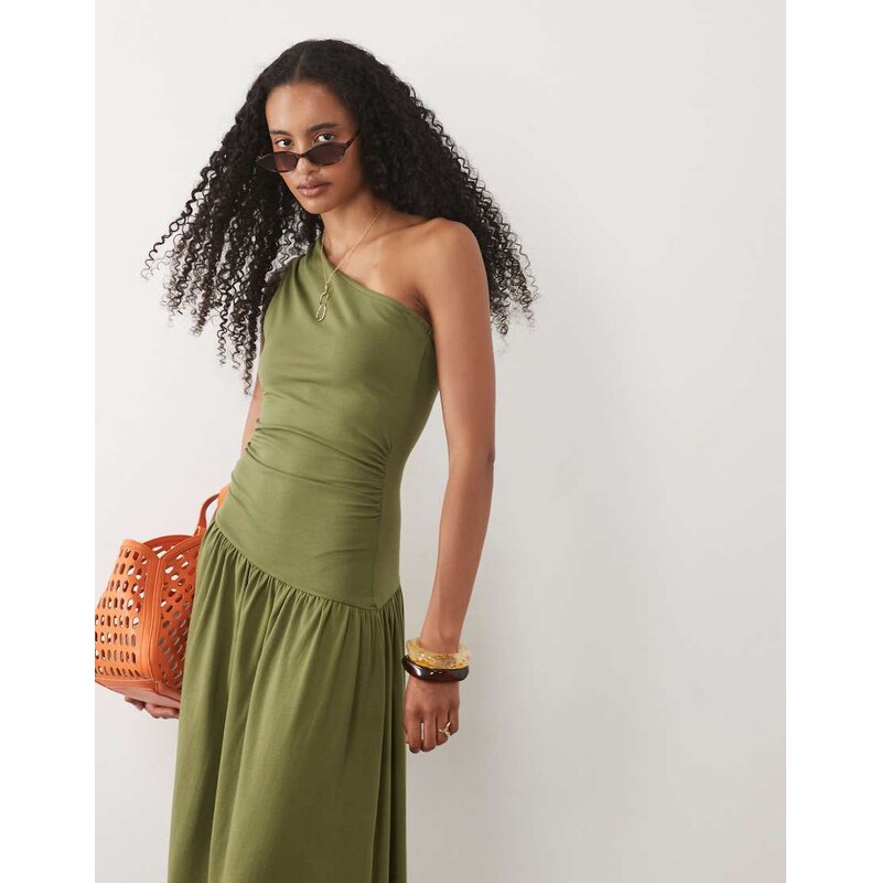 ASOS DESIGN ruched one shoulder dropped waist maxi dress in
