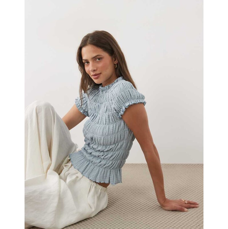 ASOS DESIGN shirred short sleeve top in solid light blue-Multi