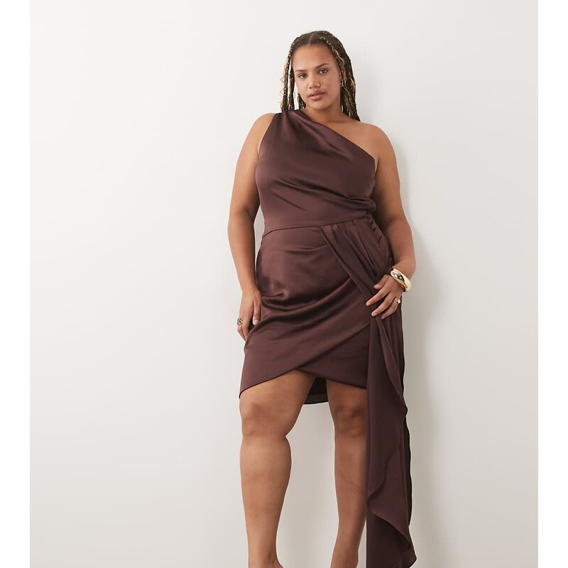 TFNC Plus satin one shoulder drape detail mini dress in