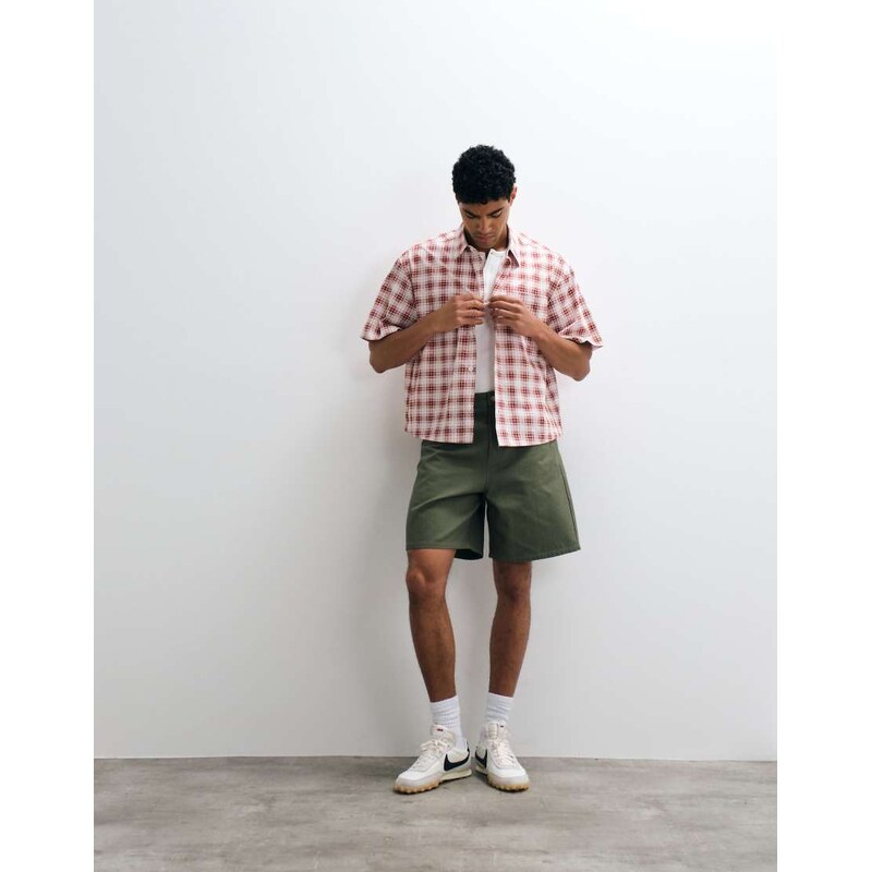 ASOS DESIGN boxy oversized micro check shirt with chest print in
