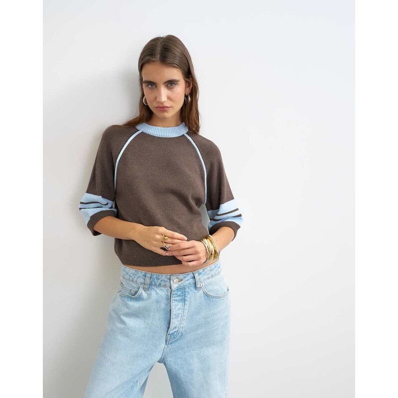Topshop knitted short sleeve top with blue tipping in brown