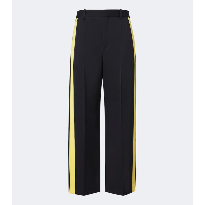 Elegantní mužské wide-leg kalhoty v barvě modré s žlutými detaily