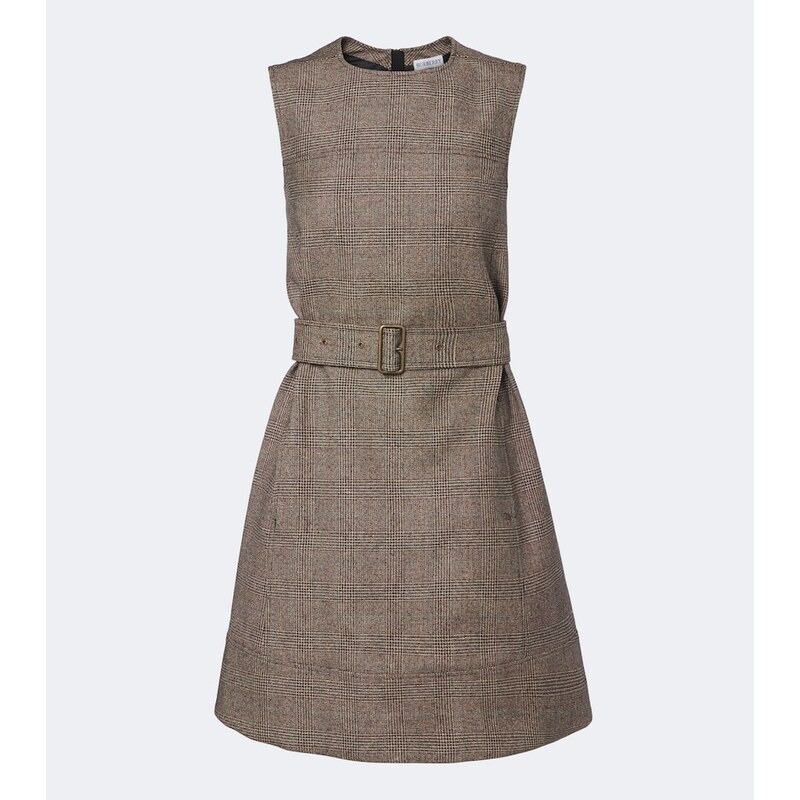 Burberry Belted checked wool and linen-blend minidress