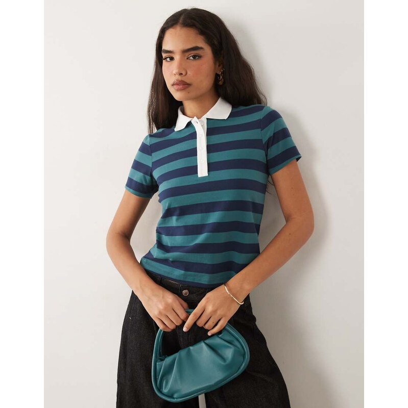 Good American super stretch polo top in green and navy stripe