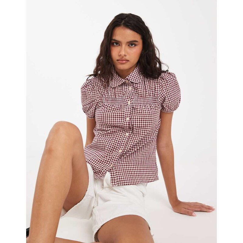 ASOS DESIGN cap sleeve peter pan collar shirt in brown gingham