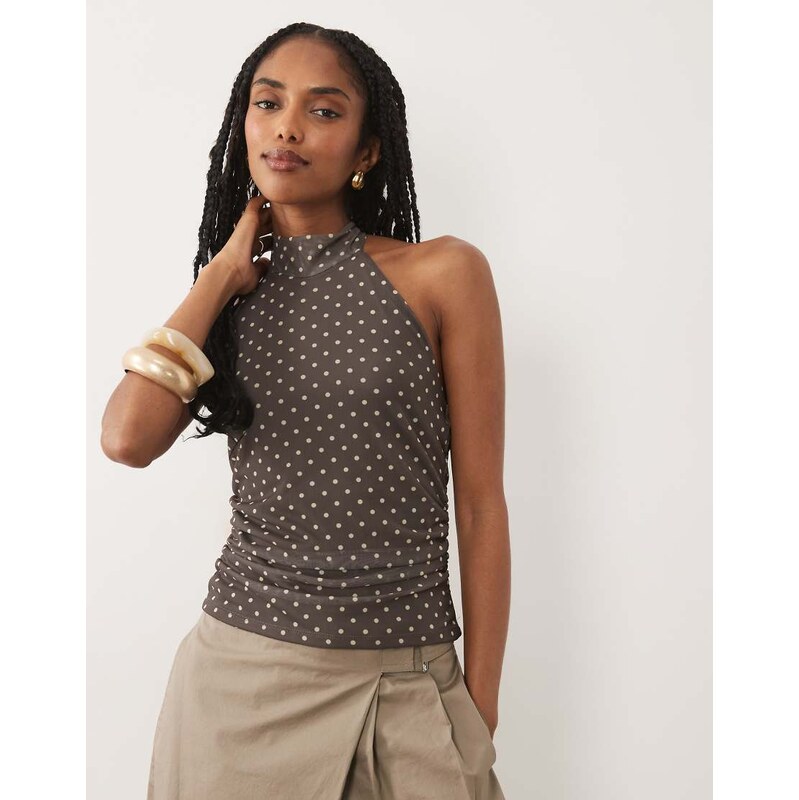 New Look polka dot halter top in dark brown