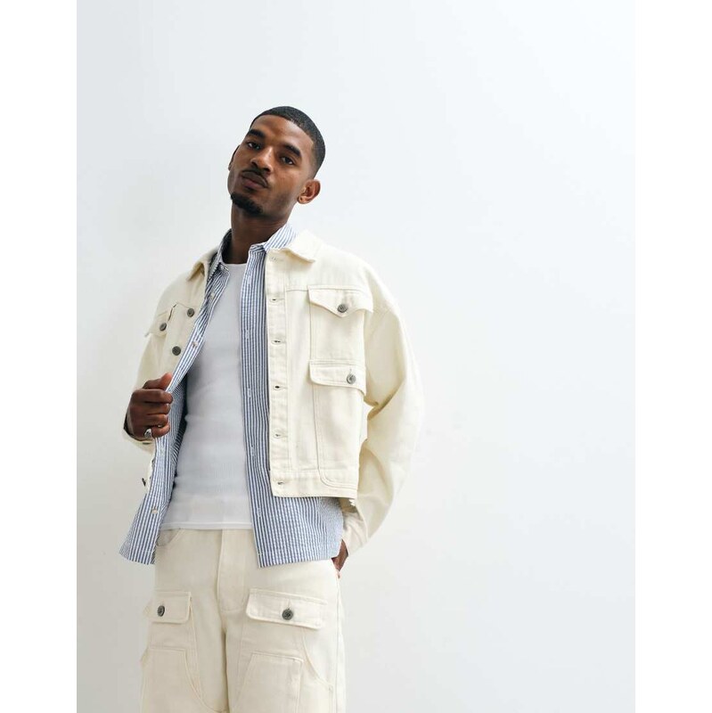 Liquor N Poker boxy denim carpenter jacket co-ord in ecru-White