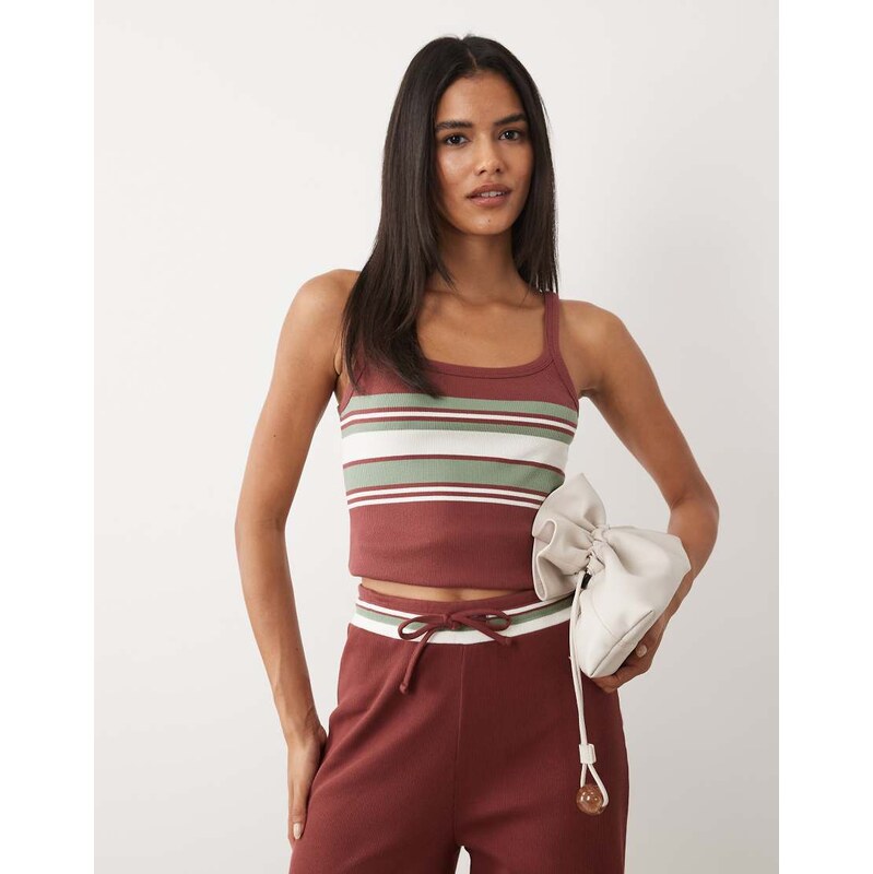 4th & Reckless ribbed stripe front cami top co-ord in chocolate