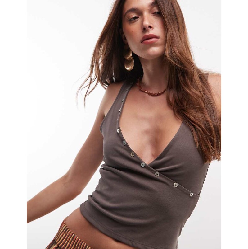 Motel Tulia asymetirc button plunge vest in brown