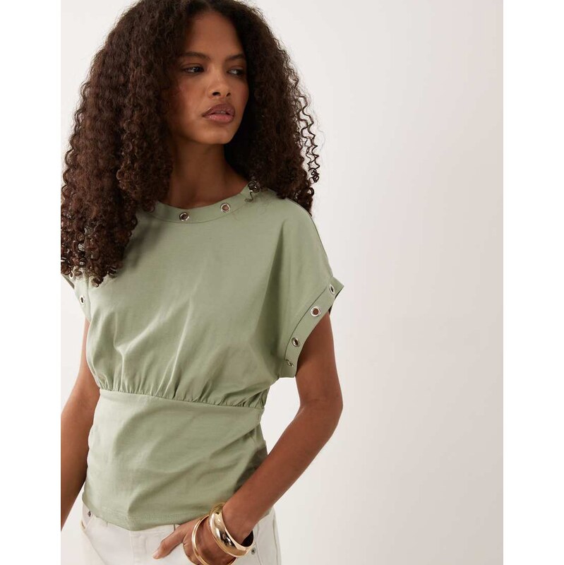 ASOS DESIGN cinched waist top with eyelet detail in sage green