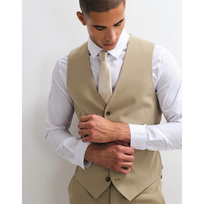 ASOS DESIGN skinny suit waistcoat in stone-Neutral