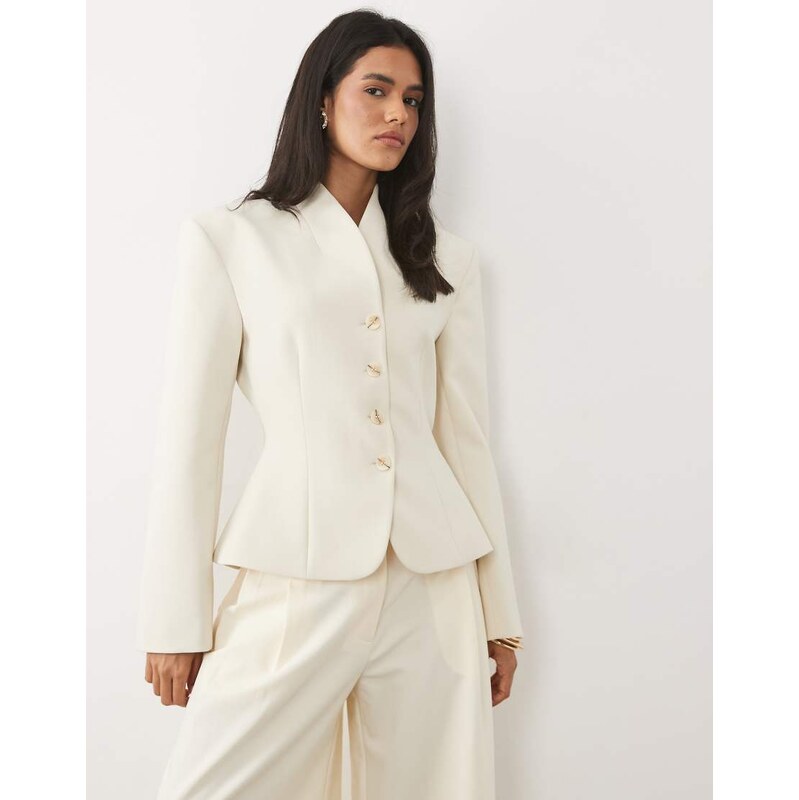 Miss Selfridge cropped collarless blazer in ivory-White