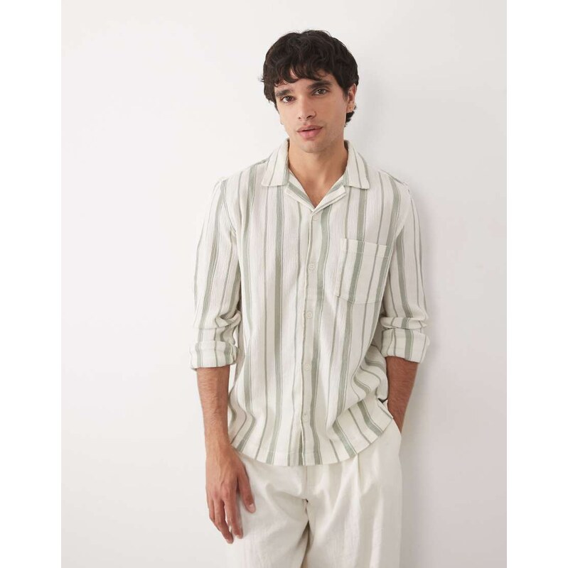 ASOS DESIGN regular fit revere stripe textured shirt in cream