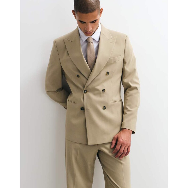 ASOS DESIGN regular double breasted suit blazer in stone-Neutral