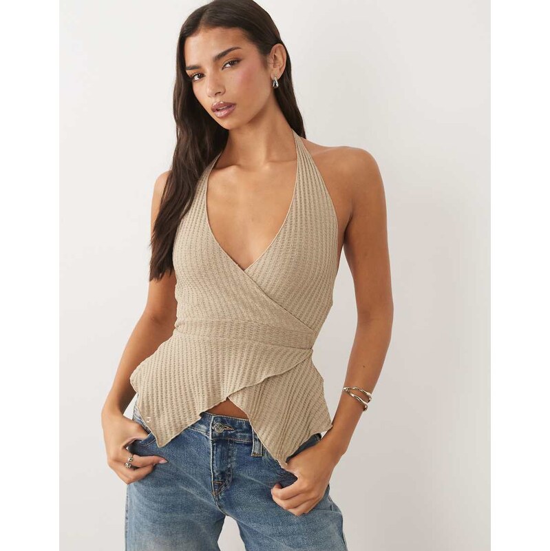 Motel Kiwari waffle knit halter top in stone-Neutral