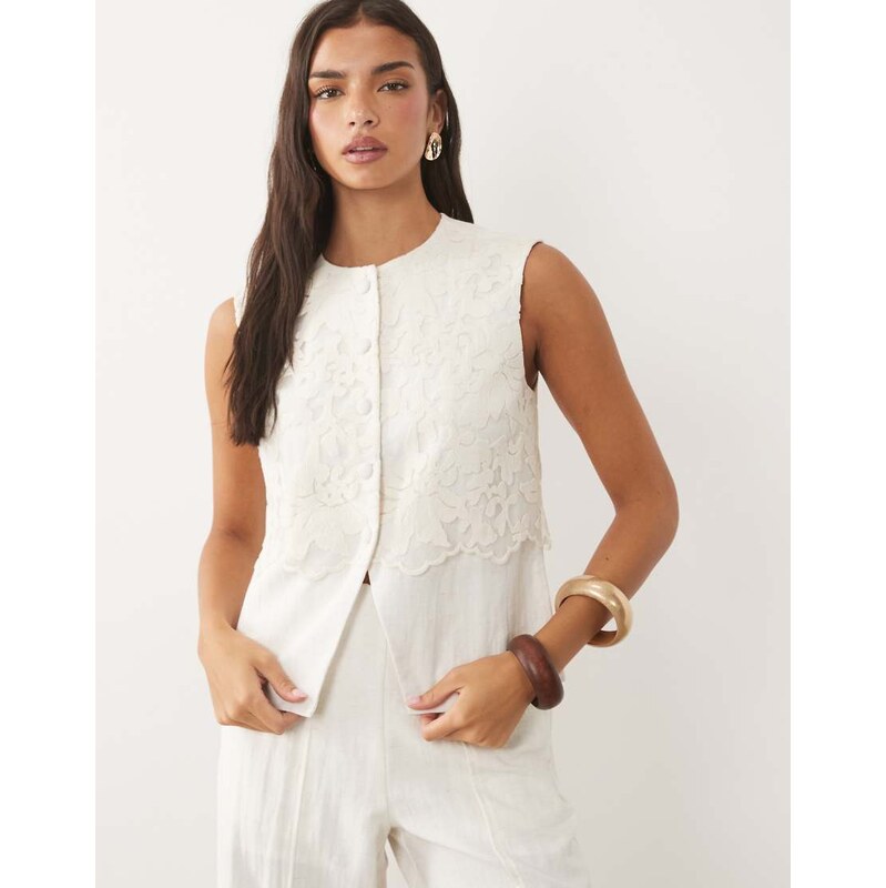 YAS linen-touch tailored waistcoat co-ord with lace overlay in
