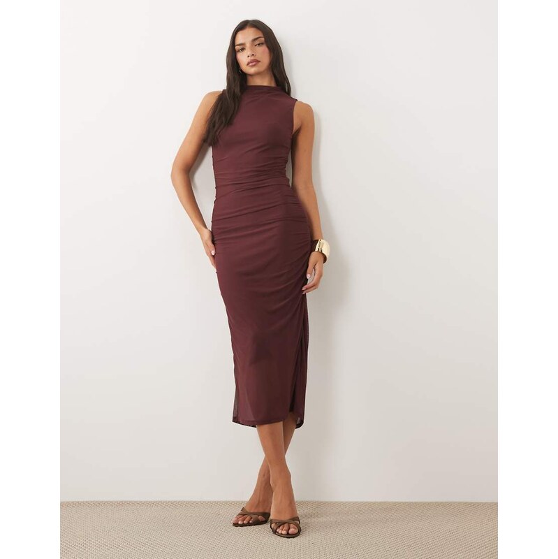 Vila high neck mesh ruched detail midi dress in burgundy-Red