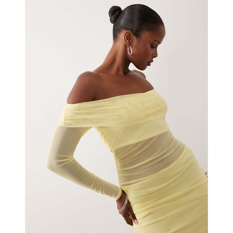Missyempire mesh bardot long sleeve mini dress in yellow