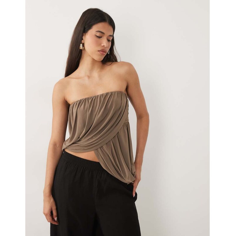 ASOS DESIGN bubble draped bandeau top in mocha-Brown
