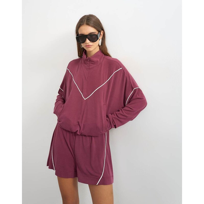 Topshop sporty piping half zip top in burgundy-Red