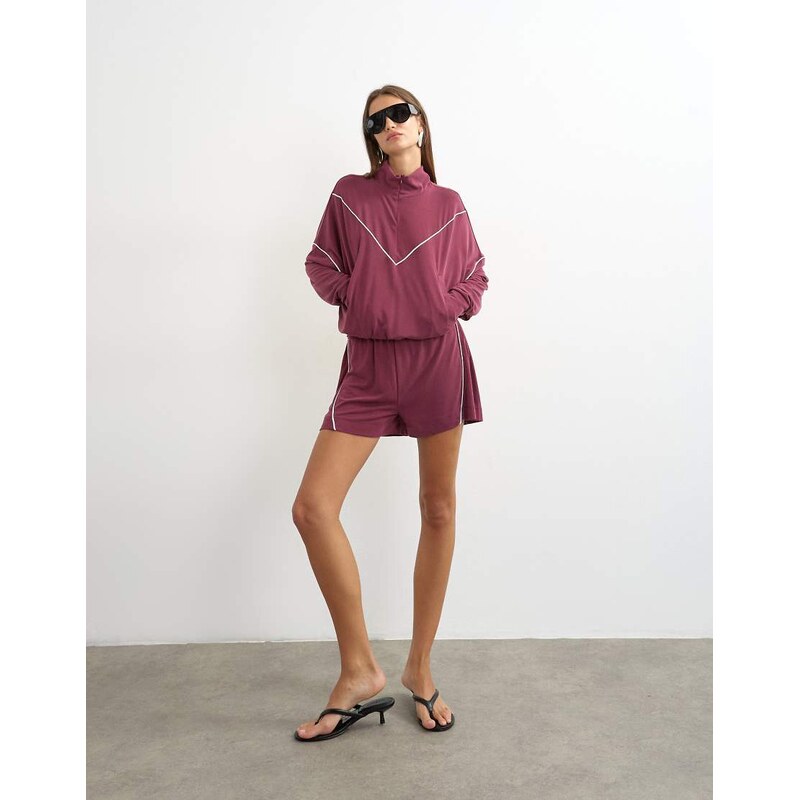 Topshop sports piping detail shorts in burgundy-Red
