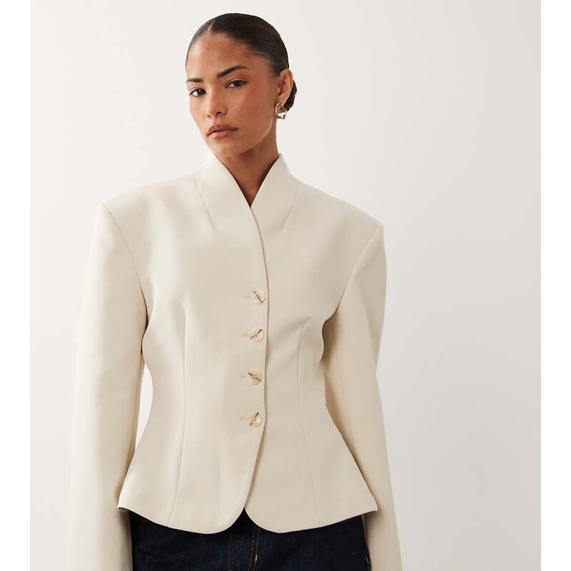 Miss Selfridge petite cropped collarless blazer in ivory-White