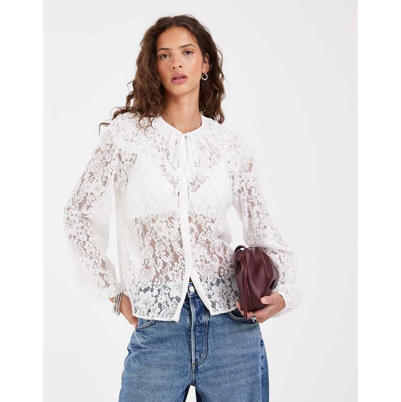 Object long sleeve lace blouse in white
