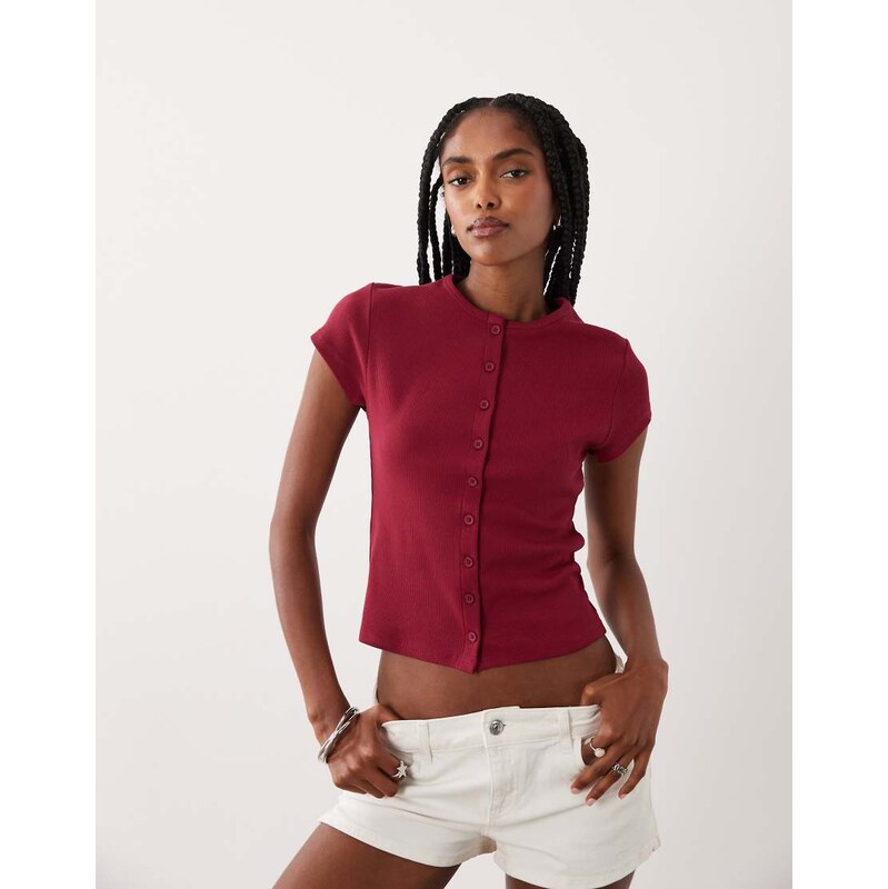 Miss Selfridge button through top in raspberry-Red