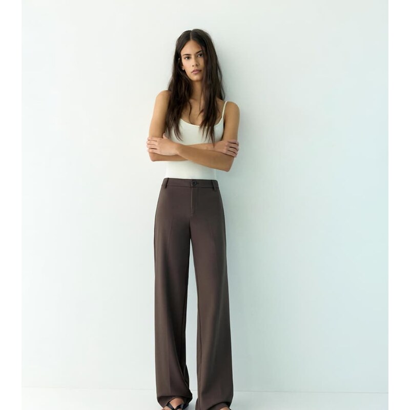 Pull&Bear Petite straight leg trousers in brown