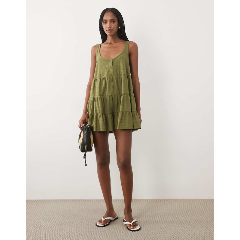 Miss Selfridge tiered jersey playsuit in olive-Blue