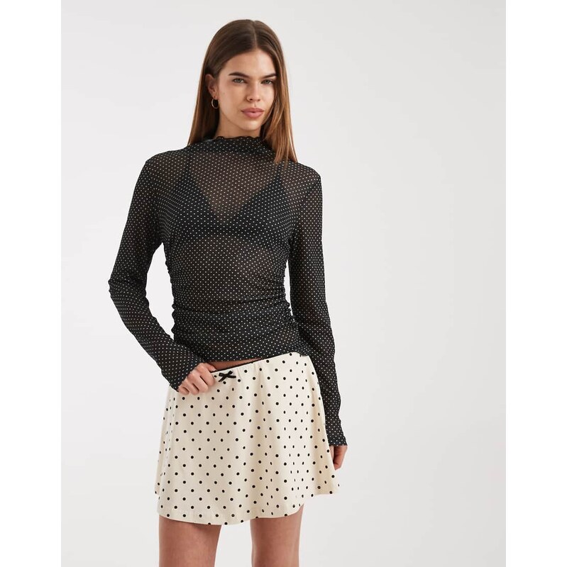 Daisy Street low rise jersey mini skort in cream polka dot-Multi