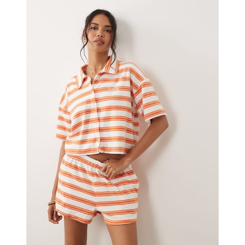 Kaiia cotton rich towelling collared button through polo top co