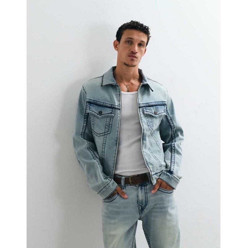 True Religion big T moto denim jacket co-ord in lightwash blue