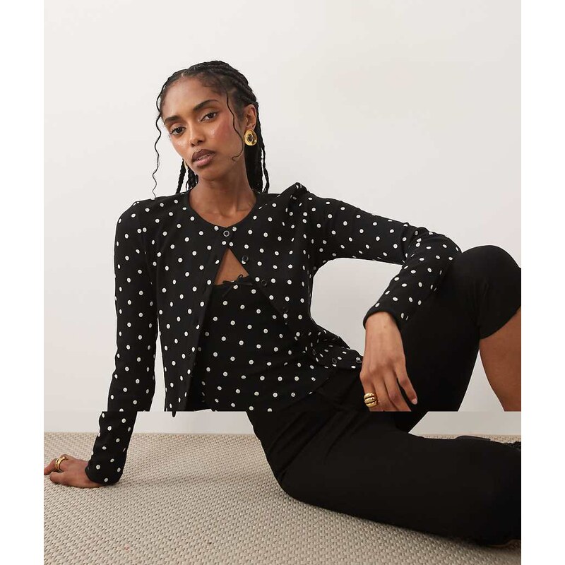 Miss Selfridge ribbed cardigan and cami set in polka dot-Black