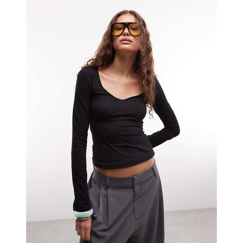 Monki v-neck long sleeve top in black