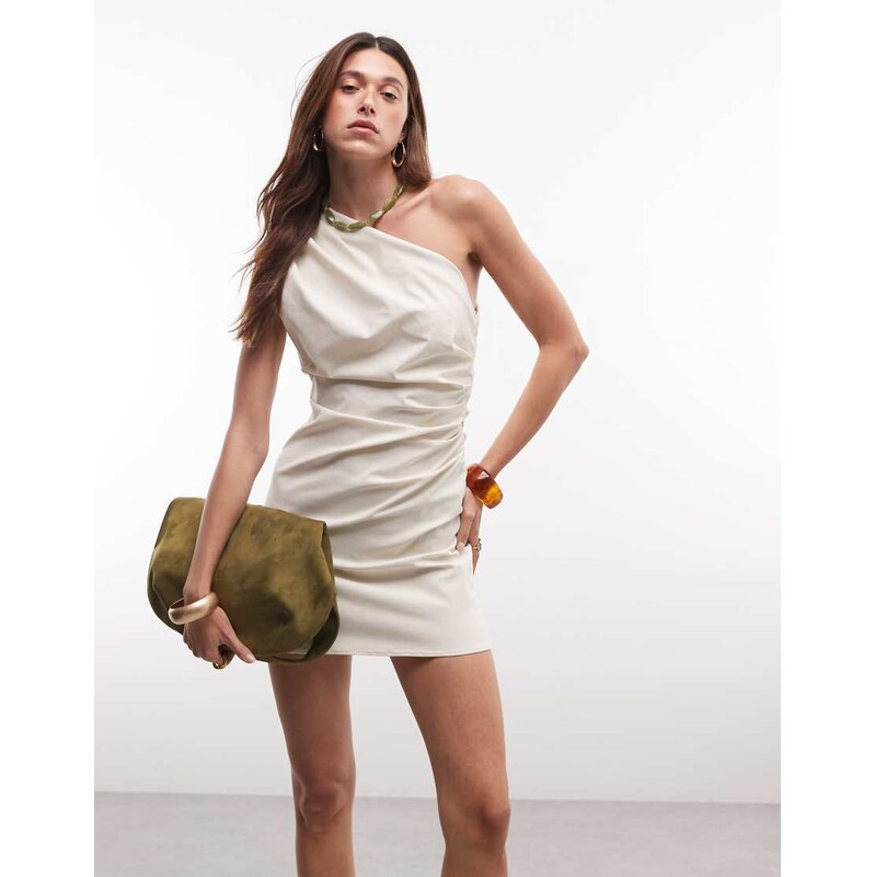 Mango one shoulder ruched mini dress in cream-Neutral