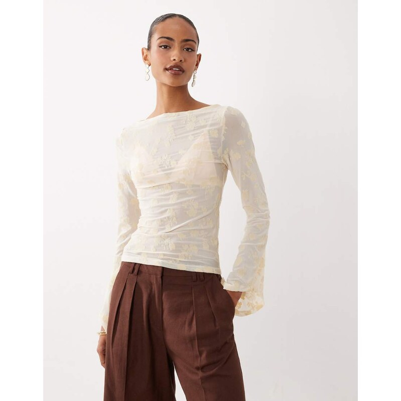 ASOS DESIGN flocked mesh floral fluted sleeve top in buttermilk