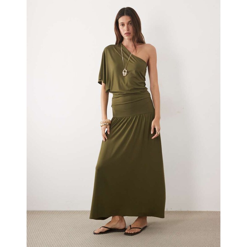 ASOS DESIGN off shoulder slouchy midi dress in khaki-Green
