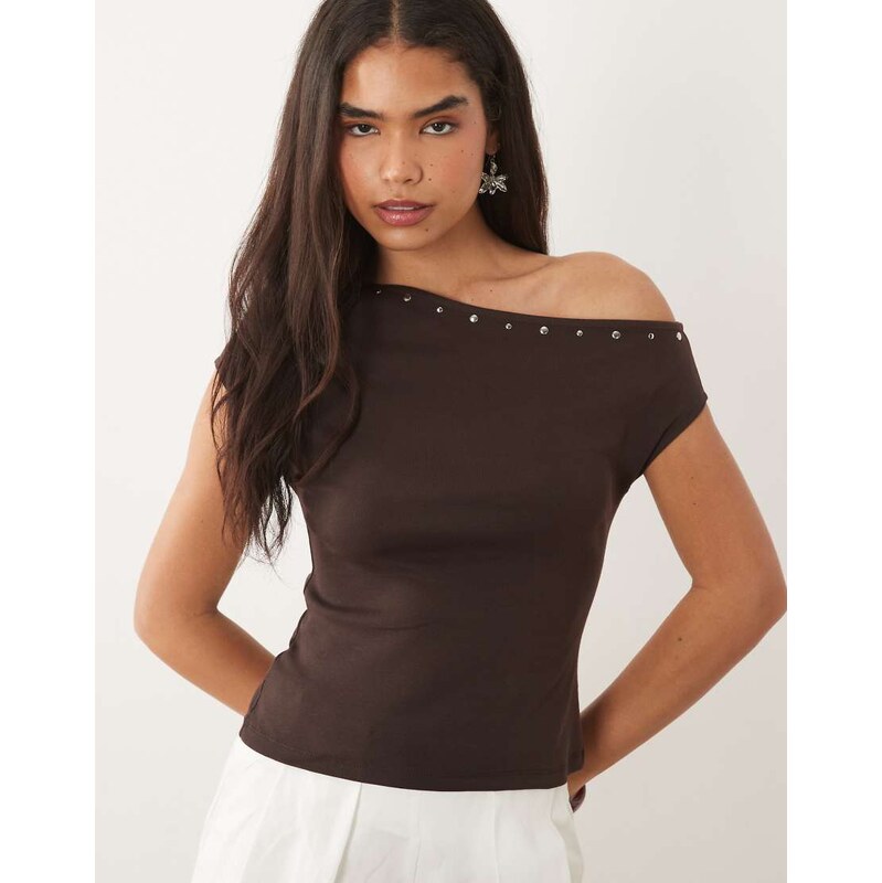 Mango one shoulder studded top in chocolate brown