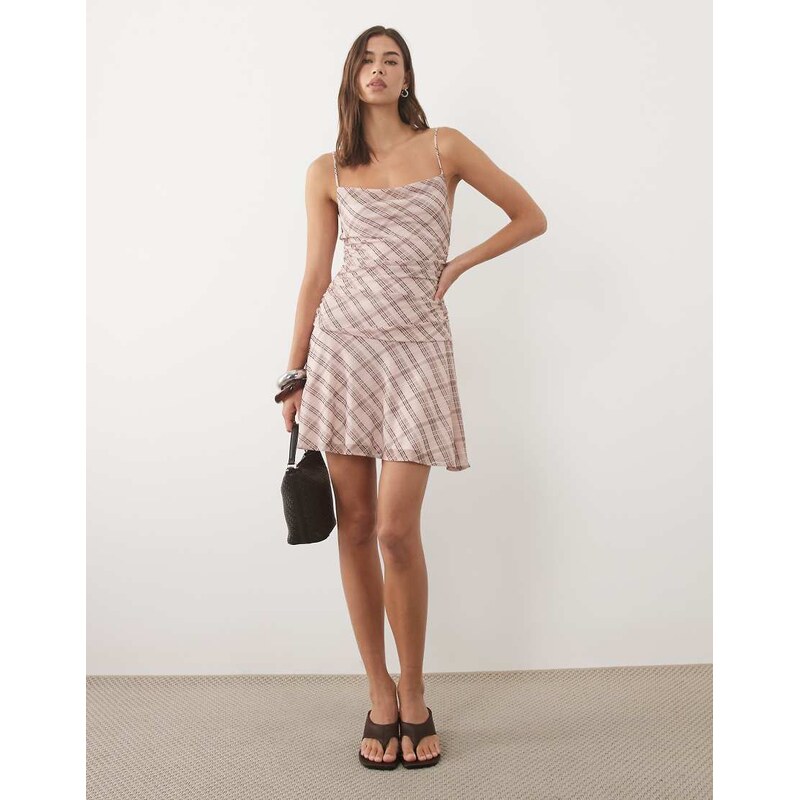 Mango square neck strappy mini dress in pink check print
