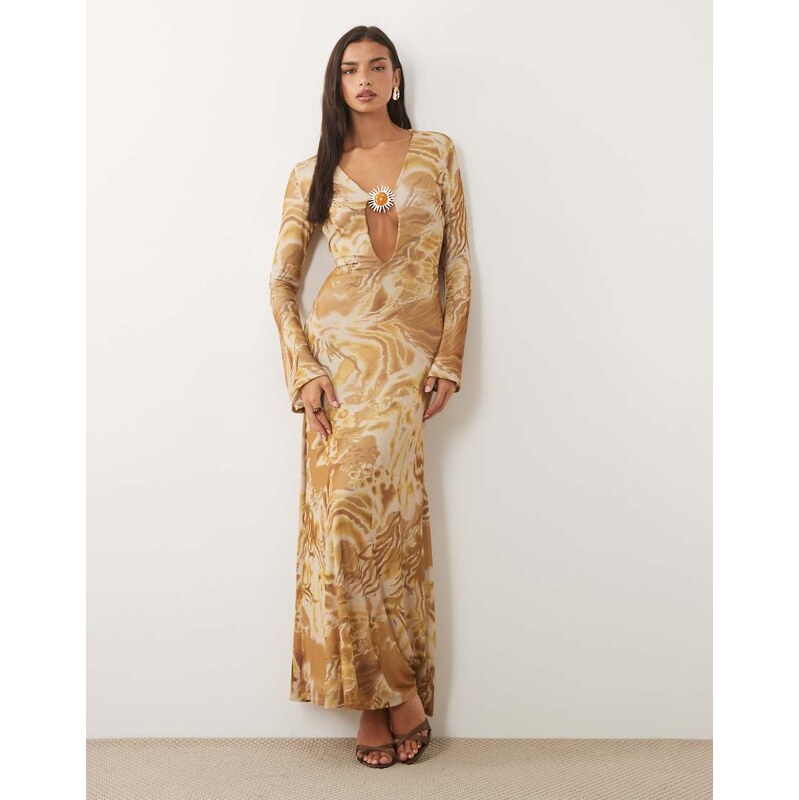 ASOS DESIGN printed mesh flute sleeve maxi dress with gold trim