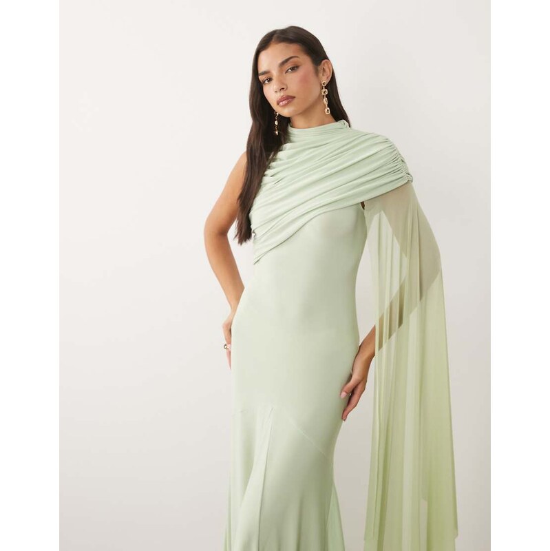 ASOS DESIGN mesh overlay cape maxi dress with godets in sage