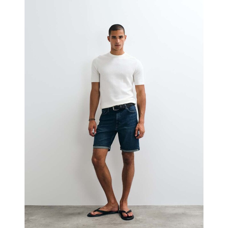 Mango rolled hem denim shorts in mid blue