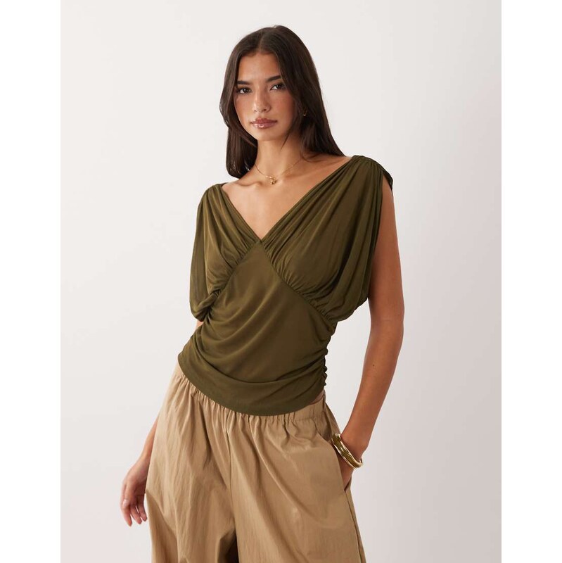ASOS DESIGN semi sheer drapey v neck top in khaki-Green
