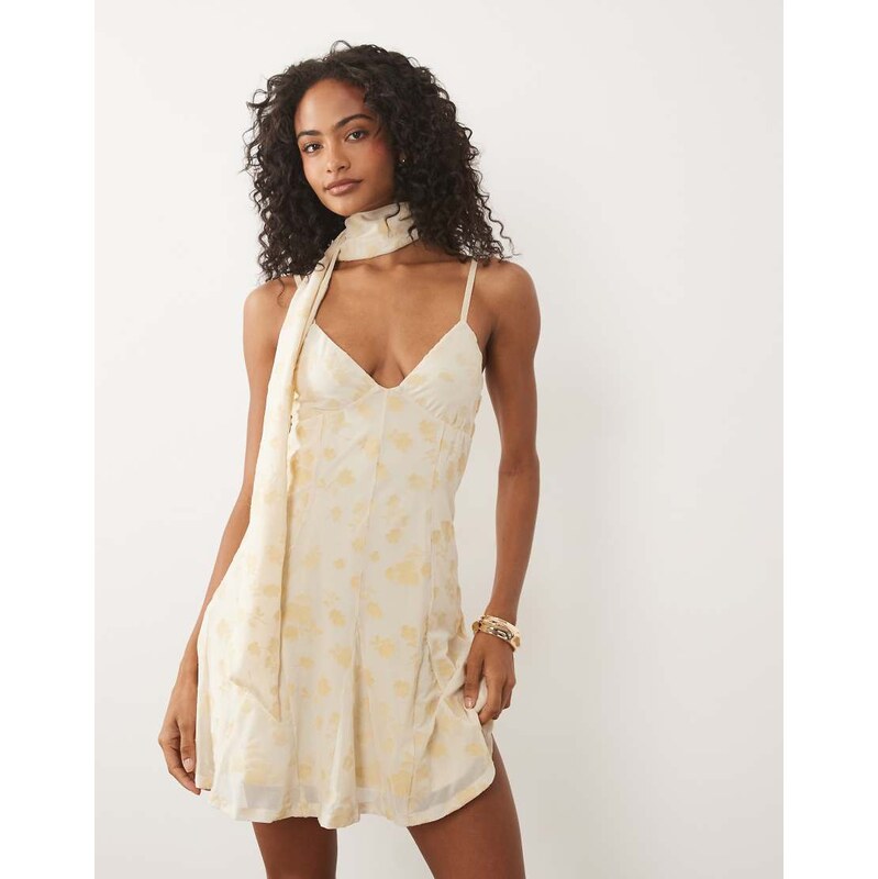 ASOS DESIGN flocked mesh scarf detail godet mini dress in