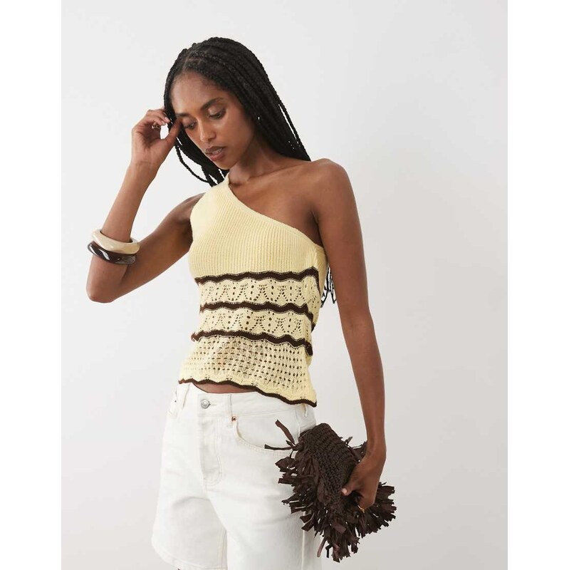 Miss Selfridge crochet knitted one shoulder top co-ord in yellow